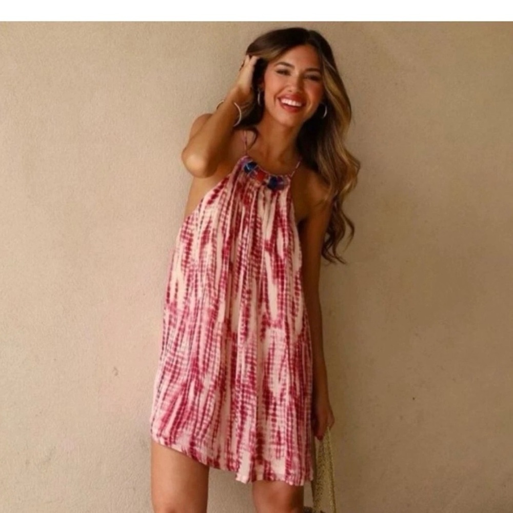 Zara Red Tie-Dye Stone Halter Mini Dress - Picture 3 of 8
